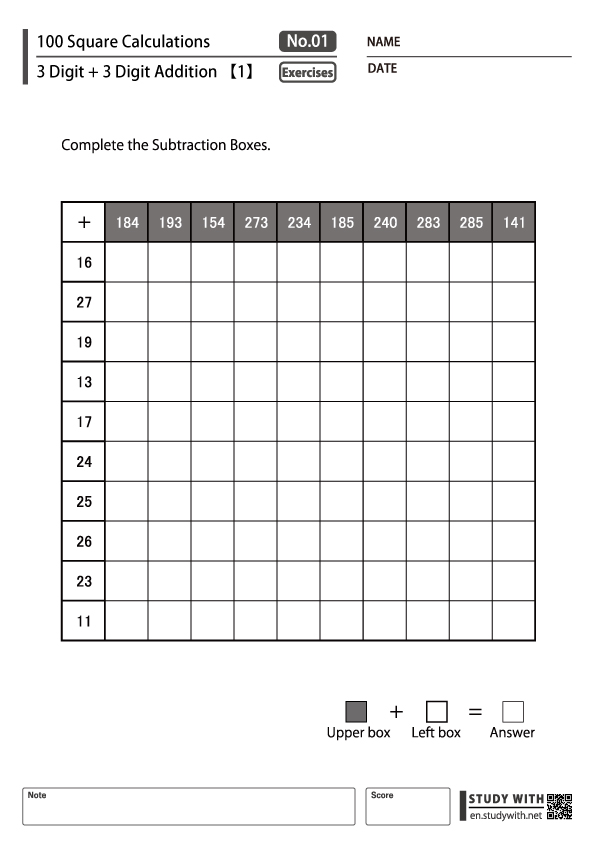 100 Square Addition 3 Digit + 2 Digit #1
