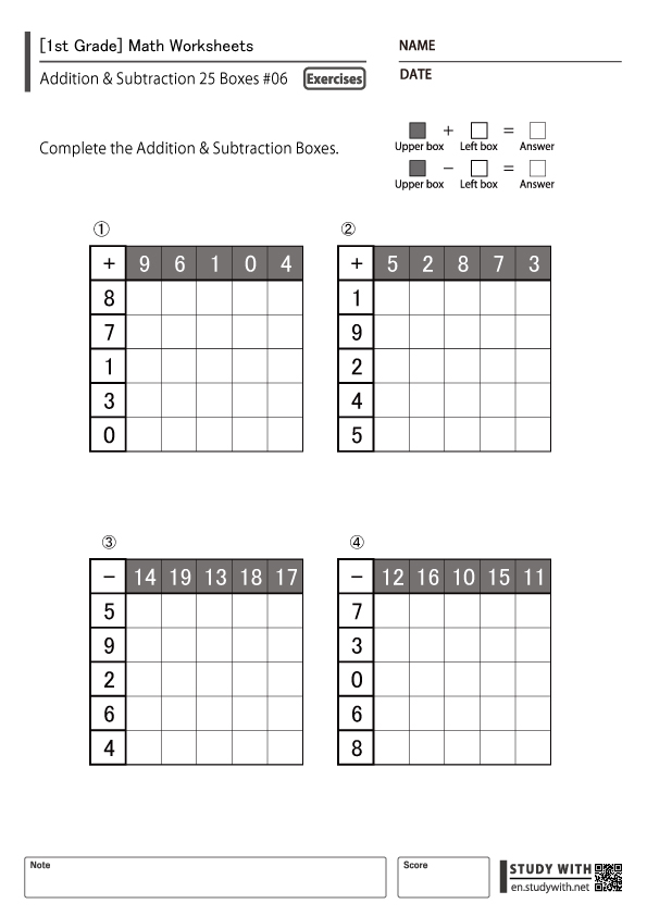 [1st Grade] 25 Square Calculations – Additions & Subtractions #06