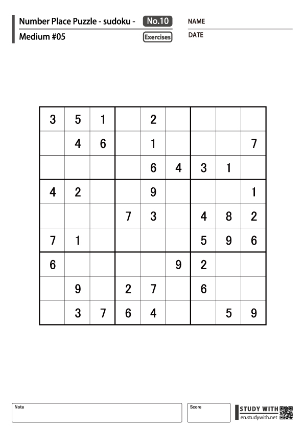 Number Place Puzzle (sudoku) 100 [Medium] #05