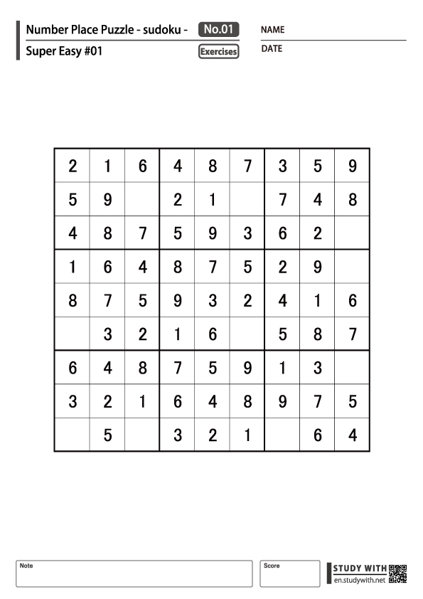 Number Place Puzzle (sudoku) 100 [Super Easy] #01