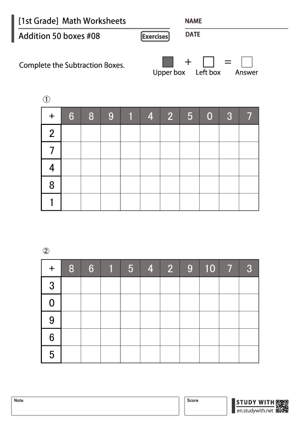[1st Grade] 50 Square Calculations - Addition #08