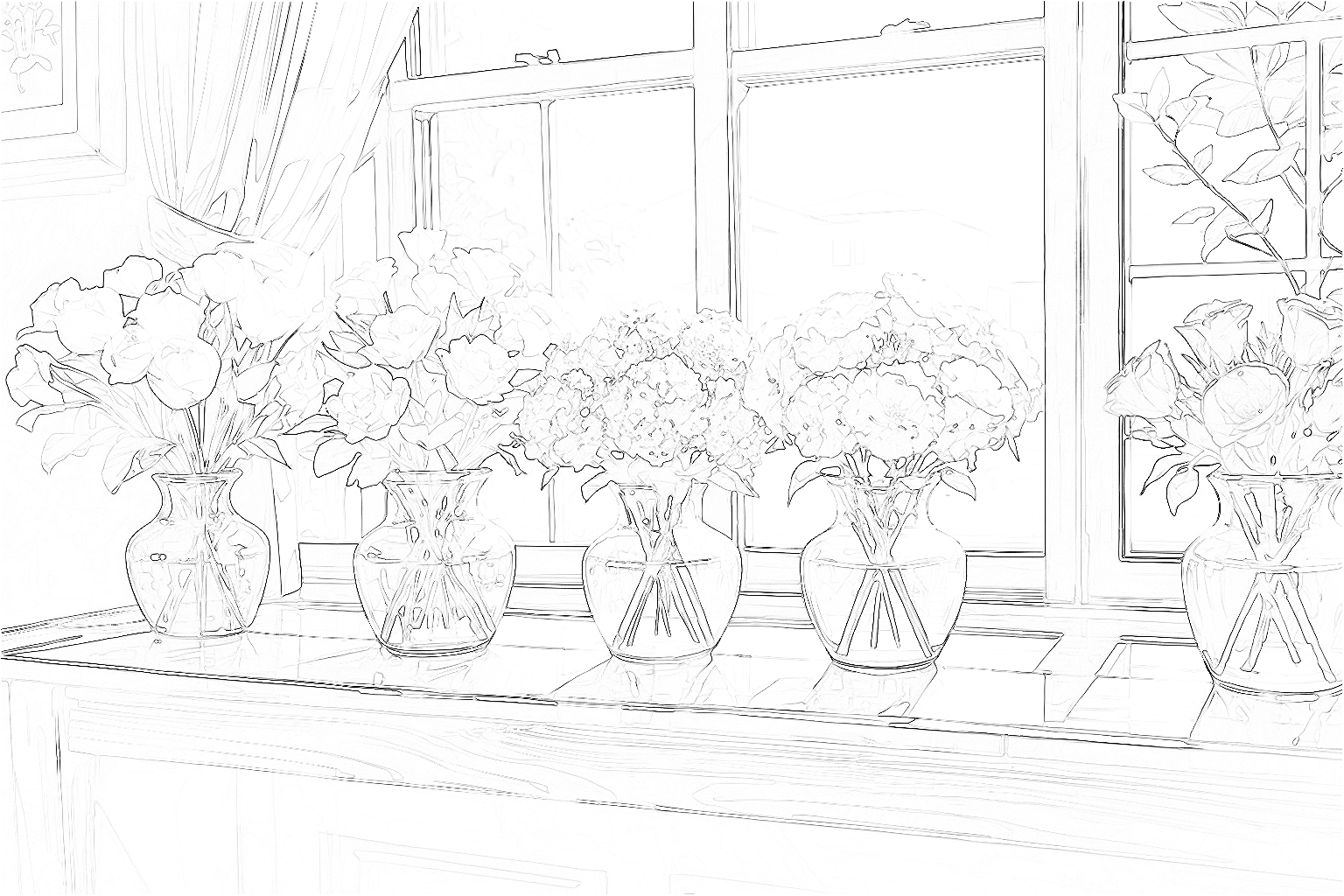 『花』大人の塗り絵【無料】- 午後の光彩：窓辺に並ぶ花々