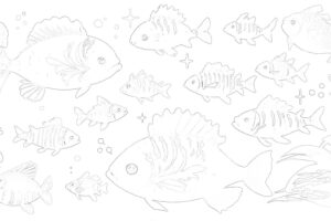 『海洋の楽園での小さな集い』-魚の塗り絵【無料印刷＆ダウンロード】大人の塗り絵