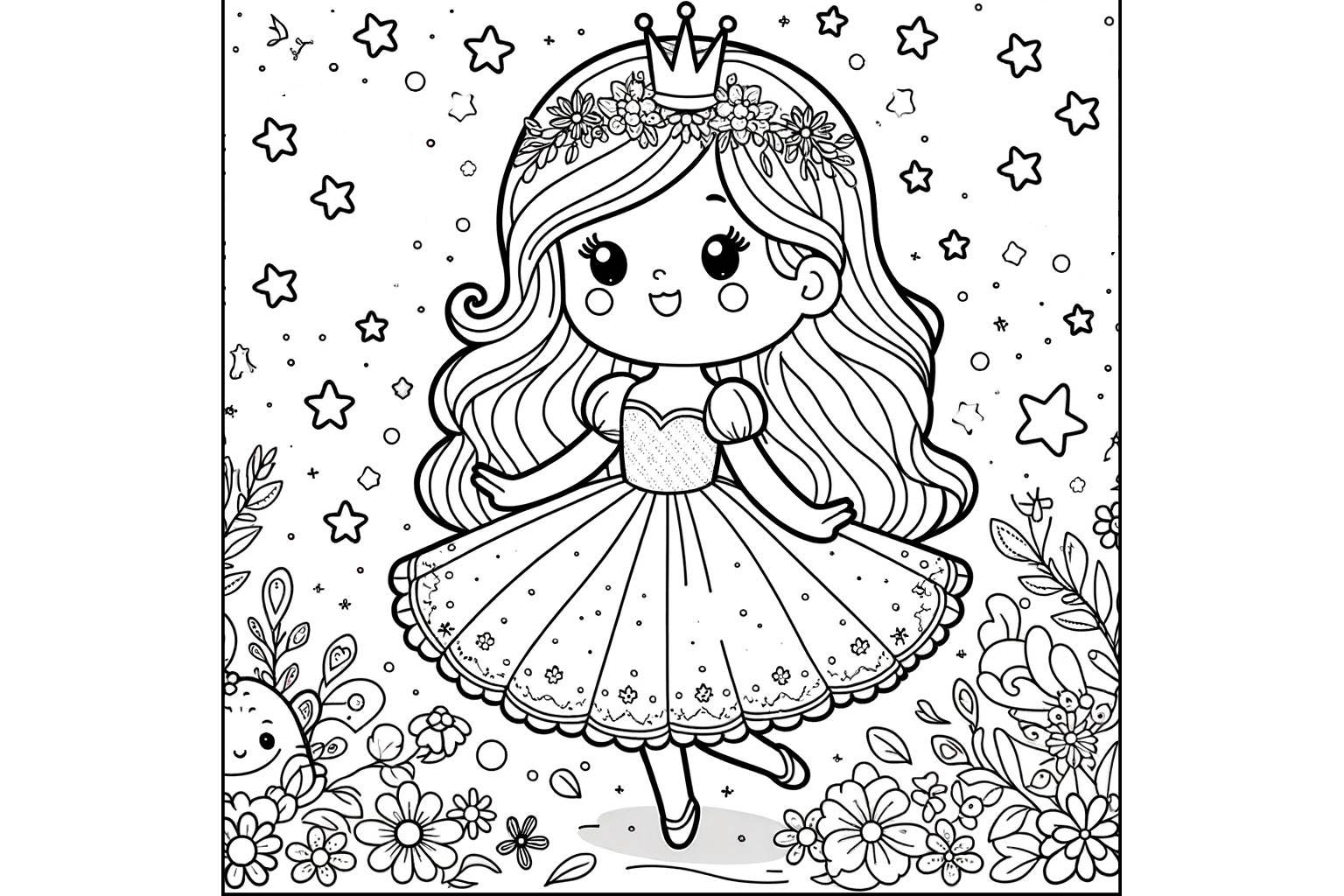 『プリンセス』かわいい子供の塗り絵【無料印刷＆ダウンロード】夢見る夜のプリンセス