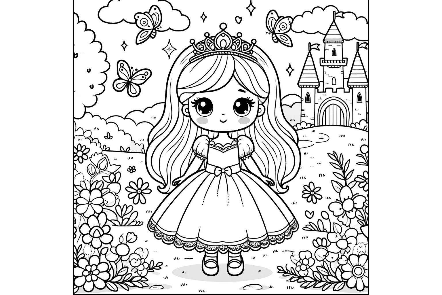 『プリンセス』かわいい子供の塗り絵【無料印刷＆ダウンロード】城の庭の春の日