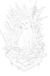 おしゃれな猫の塗り絵『見守り猫』【大人の塗り絵-図柄の無料ダウンロード】- 印刷・商用利用可