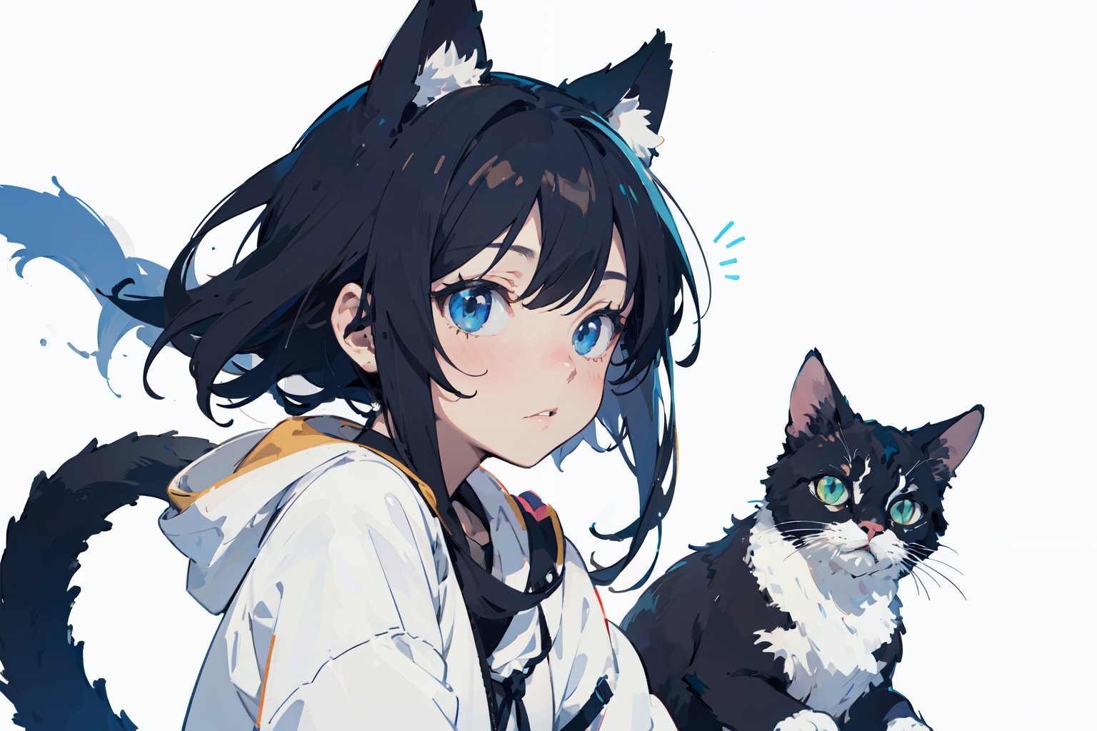 おしゃれな猫の塗り絵『猫耳の少女と猫』【大人の塗り絵-図柄の無料ダウンロード】- 印刷・商用利用可