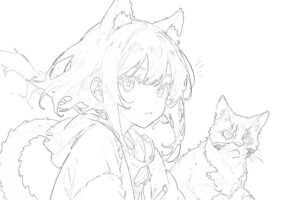 おしゃれな猫の塗り絵『猫耳の少女と猫』【大人の塗り絵-図柄の無料ダウンロード】- 印刷・商用利用可