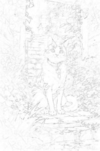 おしゃれな猫の塗り絵『秘密の花園』【大人の塗り絵-図柄の無料ダウンロード】- 印刷・商用利用可