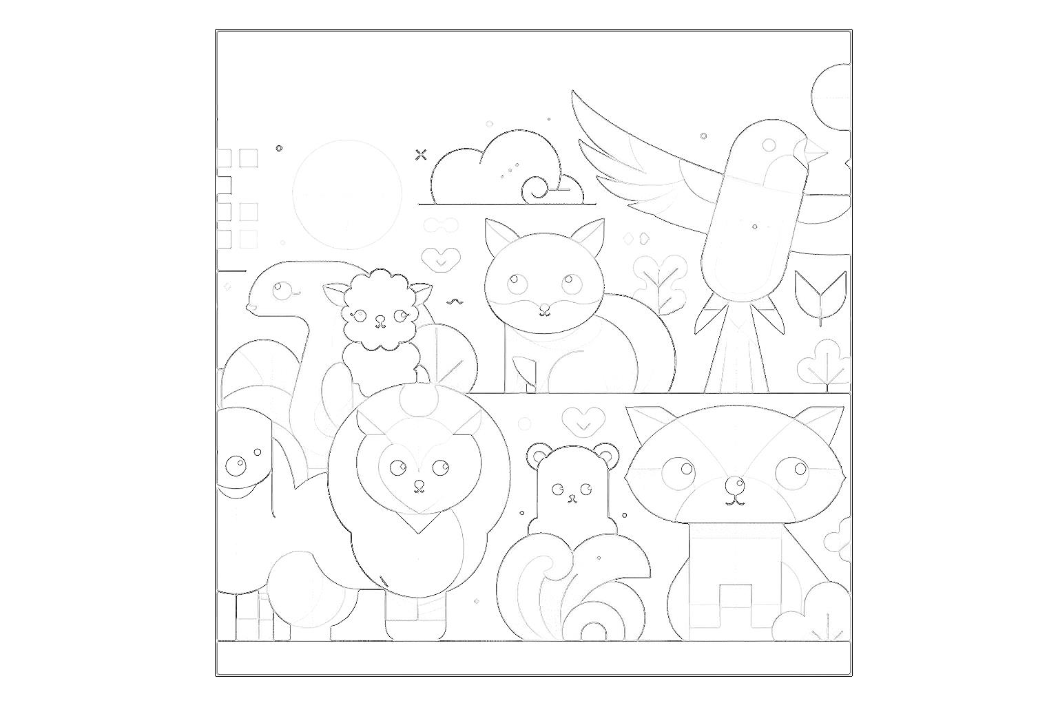 動物の塗り絵『カラフルな動物園』ドゥードゥルアート【図柄無料ダウンロード】- 印刷・商用利用可