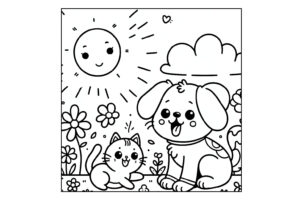 犬と猫の塗り絵『キュートな猫と犬』【子供向け図柄の無料ダウンロード】- 印刷・商用利用可