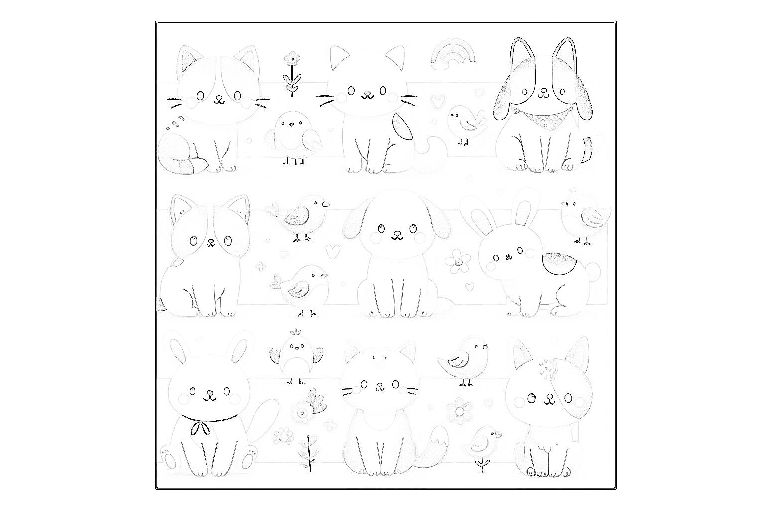 動物の塗り絵『ふわふわ仲間とのひととき』【子供向け図柄の無料ダウンロード】- 印刷・商用利用可