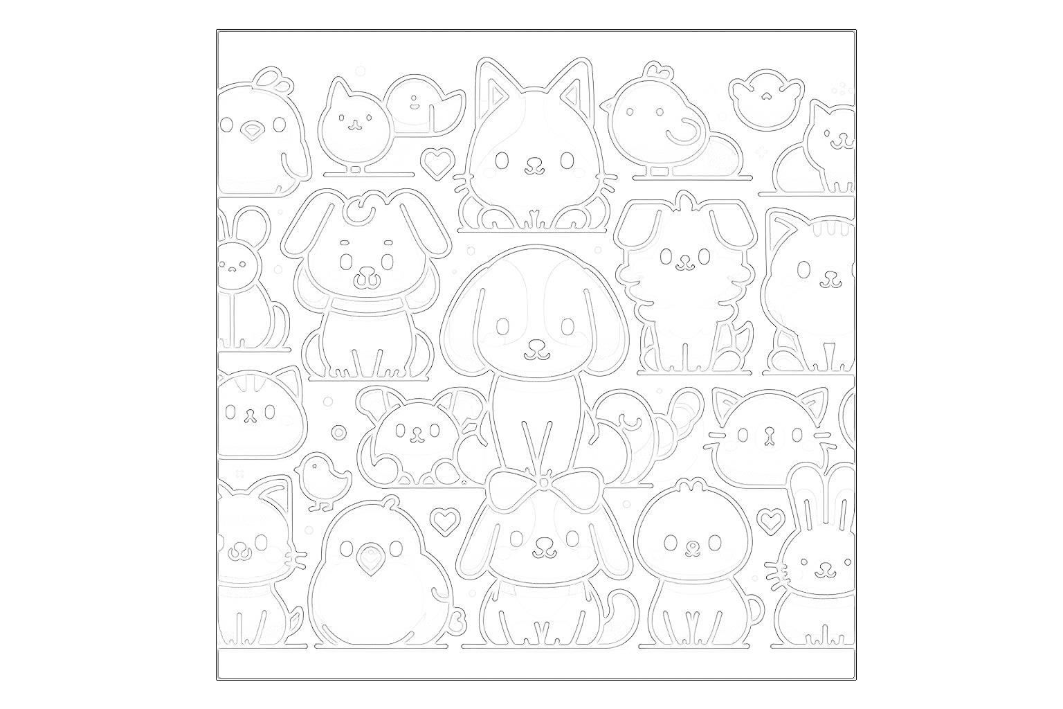 動物の塗り絵『動物の仲間たち』ドゥードゥルアート【図柄無料ダウンロード】- 印刷・商用利用可