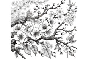 桜の塗り絵『咲き誇る桜』【大人の塗り絵-図柄の無料ダウンロード】- 印刷・商用利用可