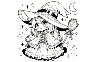 可愛い魔女の塗り絵『星降る夜の魔女』【子供向け図柄の無料ダウンロード】- 印刷・商用利用可