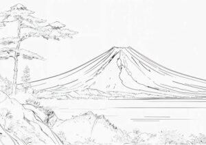 幻想世界の風景『富士山の絶景』【塗り絵の無料ダウンロード】- 印刷・商用利用可