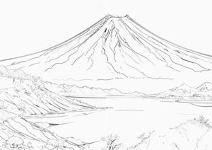 幻想世界の風景『富士山と自然の風景』【塗り絵の無料ダウンロード】- 印刷・商用利用可