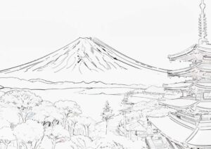 幻想世界の風景『日本の象徴：富士山と五重塔』【塗り絵の無料ダウンロード】- 印刷・商用利用可