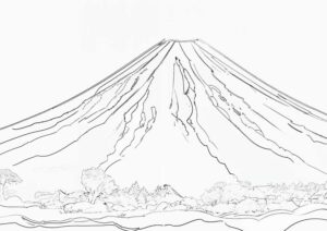 山の塗り絵『富士山と田園風景』【ぬりえ図柄の無料ダウンロード】- 印刷・商用利用可