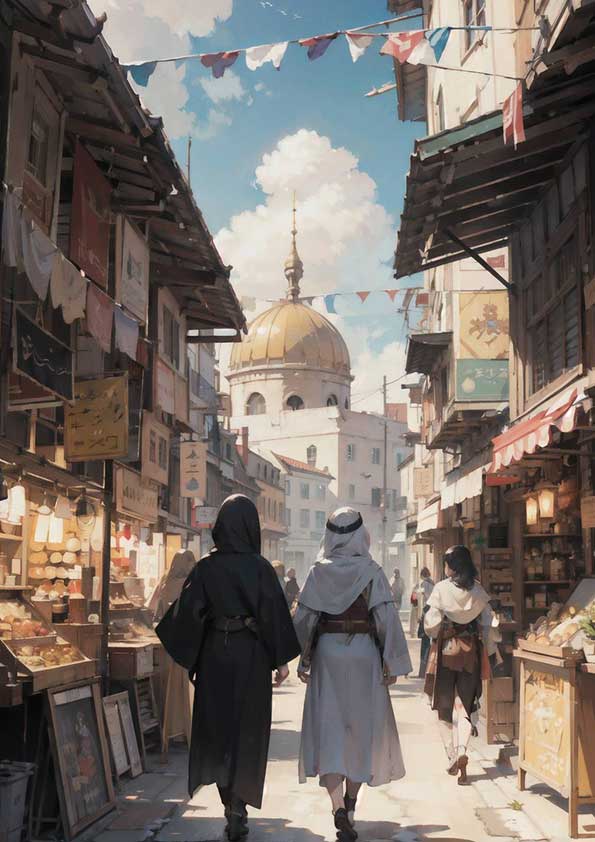 幻想世界の風景『異国情緒あふれる市場の風景』【塗り絵の無料ダウンロード】- 印刷・商用利用可