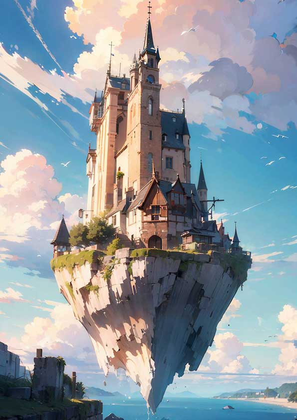 幻想世界の建物『浮かぶ古城の風光』【塗り絵の無料ダウンロード】- 印刷・商用利用可