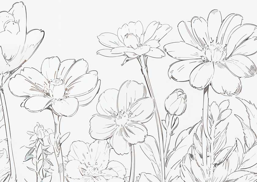ボタニカルアート『優しい花々の線画』【ぬりえ図柄の無料ダウンロード】- 印刷・商用利用可