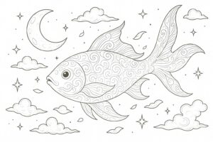 幻想世界の生き物『空を舞う魚』【塗り絵の無料ダウンロード】- 印刷・商用利用可