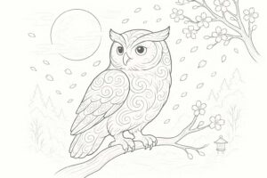 幻想世界の生き物『神秘の森に佇むフクロウ』【塗り絵の無料ダウンロード】- 月夜に佇む知恵の象徴