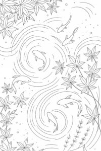 【10月の塗り絵】幻想世界の生き物『もみじと泳ぐ秋の金魚』｜無料ダウンロード