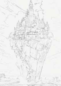 幻想世界の建物『空に浮かぶ幻想の城』【塗り絵の無料ダウンロード】- 印刷・商用利用可