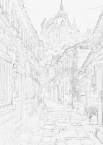 幻想世界の風景『丘の上の古城と街並み』【塗り絵の無料ダウンロード】- 印刷・商用利用可