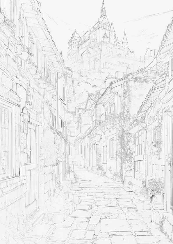 幻想世界の風景『丘の上の古城と街並み』【塗り絵の無料ダウンロード】- 印刷・商用利用可