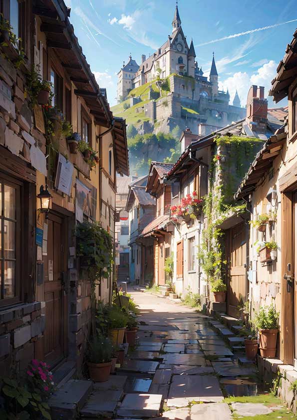幻想世界の風景『丘の上の古城と街並み』【塗り絵の無料ダウンロード】- 印刷・商用利用可