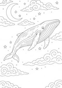 幻想世界の生き物『夜空を舞う幻想的なクジラ』【塗り絵の無料ダウンロード】- 印刷・商用利用可