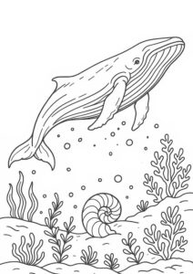 幻想世界の生き物『幻想の海を泳ぐクジラ』【塗り絵の無料ダウンロード】- 印刷・商用利用可