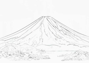 幻想世界の風景『美しい富士山』【塗り絵の無料ダウンロード】- 印刷・商用利用可