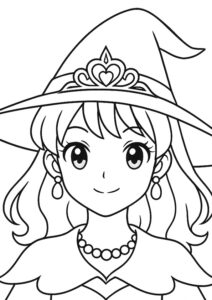 メイクアップ塗り絵『魔女の帽子がかわいいプリンセス』【ぬりえ図柄の無料プリントダウンロード】