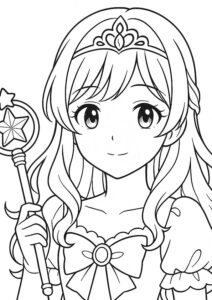 メイクアップ塗り絵『魔法のステッキを持ったプリンセス』【ぬりえ図柄の無料プリントダウンロード】