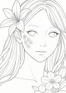 メイクアップ塗り絵『花飾りとフェイスペイント』【ぬりえ図柄の無料プリントダウンロード】