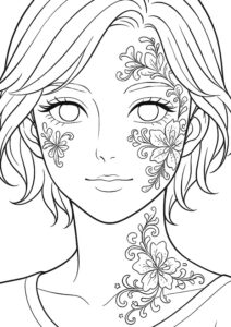 メイクアップ塗り絵『フェイスアートと花を楽しむ女性』【ぬりえ図柄の無料プリントダウンロード】
