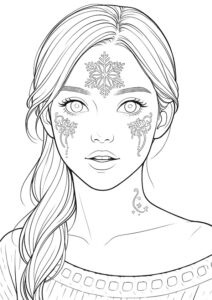 メイクアップ塗り絵『雪の結晶フェイスペイントの女性』【ぬりえ図柄の無料プリントダウンロード】