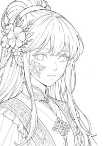 メイクアップ塗り絵『花飾りと豪華な衣装の女性』【ぬりえ図柄の無料プリントダウンロード】