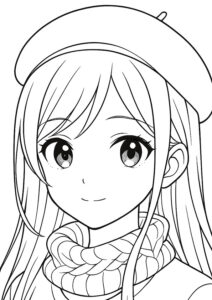 メイクアップ塗り絵『ベレー帽とマフラーのおしゃれガール』【ぬりえ図柄の無料プリントダウンロード】