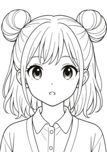 メイクアップ塗り絵『お団子ヘアのかわいい女の子』【ぬりえ図柄の無料プリントダウンロード】