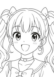 メイクアップ塗り絵『リボンとハートがかわいいツインテールの女の子』【ぬりえ図柄の無料プリントダウンロード】