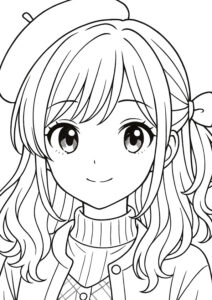 メイクアップ塗り絵『おしゃれなベレー帽ガール』【ぬりえ図柄の無料プリントダウンロード】