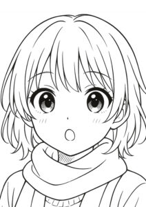 メイクアップ塗り絵『マフラー＆ショートヘアの女の子』【ぬりえ図柄の無料プリントダウンロード】