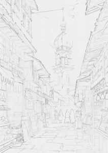 幻想世界の風景『異国の市場通りを旅する』【塗り絵の無料ダウンロード】- 印刷・商用利用可