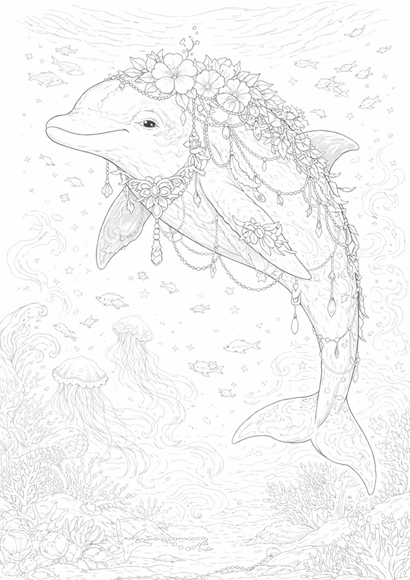 幻想世界の生き物『花飾りのイルカ』【塗り絵の無料ダウンロード】