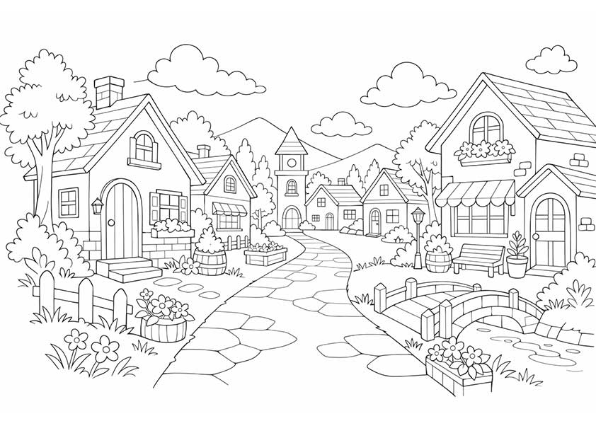 風景の塗り絵『やさしい田舎町』【大人の塗り絵-図柄の無料ダウンロード】